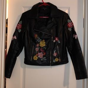Floral embroidered leather jacket